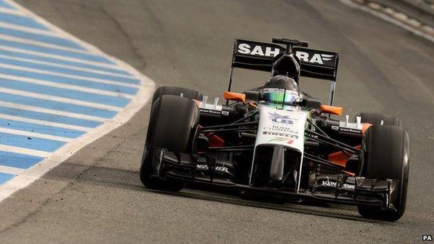 Sergio Perez leaves the pit lane for a test lap, during the launch of the RB10 2014 Formula 1 car, during the 2014 Formula One Testing at the Circuito de Jerez