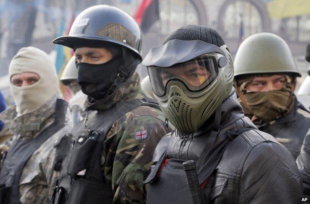 Masked protesters line up in Kiev, 6 February