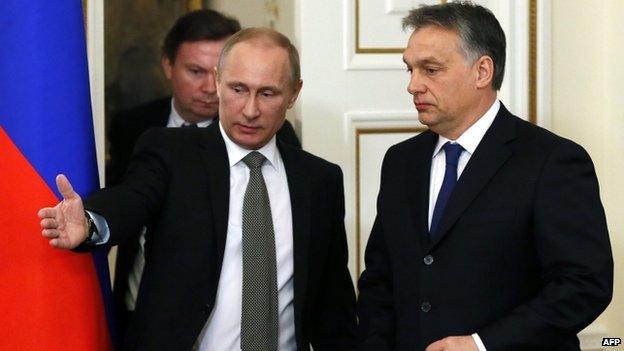 Russia's President Vladimir Putin (L) and Hungary's Prime Minister Viktor Orban (R) in Moscow in January