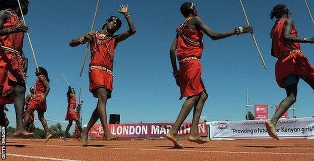 Masai warriors dance at the inauguration of the the Lorna Kiplagat Sports Academy