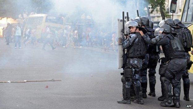 Riot police outside Rio's Central Station