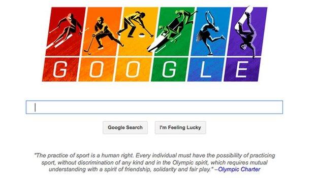 A screen shot of the home page Google.com, depicting illustrations of athletes skiing, sledding, curling and skating against a rainbow-coloured backdrop -- a symbol of the gay rights movement