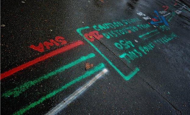 green, red, blue and white markings on a road in Essex