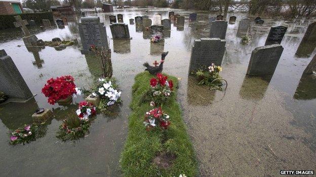 Rising floodwaters inundated the graveyard of Moorland church