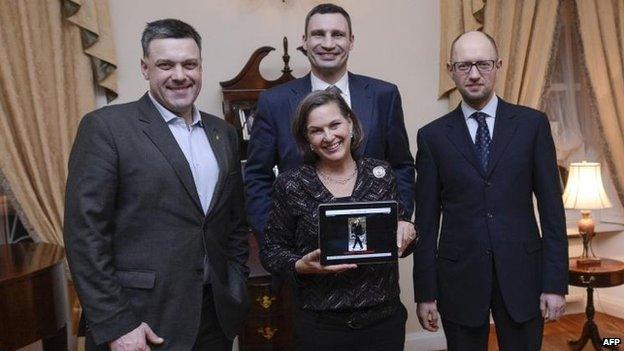 Victoria Nuland with (L-R) Oleh Tyahnybok, Vitaly Klitschko and Arseniy Yatseniuk, 6 Feb