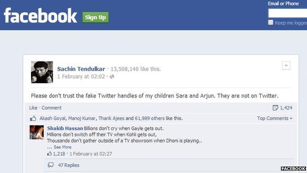 Screenshot of Sachin Tendulkar's Facebook page