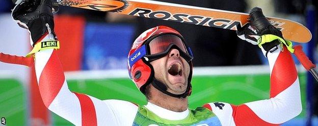 Didier Defago celebrates winning Olympic downhill gold in Vancouver four years ago