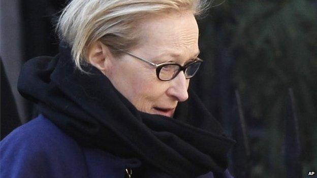 Actress Meryl Streep arrives at the Church of St. Ignatius Loyola for the private funeral of actor Philip Seymour Hoffman 7 February 2014