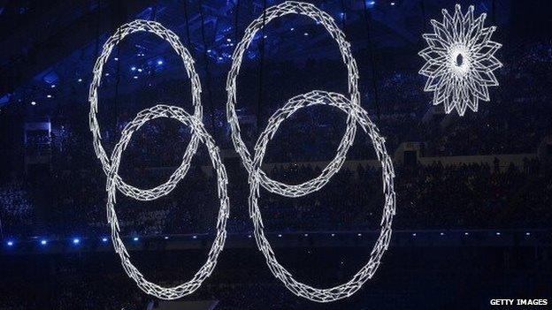 One of the Olympic rings malfunctions during the opening ceremonies of the 2014 Winter Games in Sochi on 7 February, 2014.