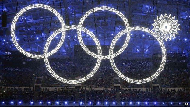 One of the rings forming the Olympic Rings fails to open during the opening ceremony of the 2014 Winter Olympics in Sochi, Russia (7 Feb. 2014)