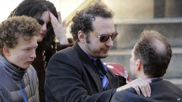 David Bar Katz, centre, a friend of actor Philip Seymour Hoffman, arrives for the actor's funeral at the Church of St Ignatius Loyola in New York on 7 February 2014