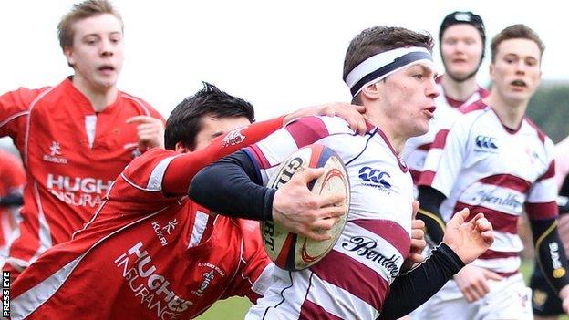 Mark Gordon runs in Coleraine's first try against Regent House