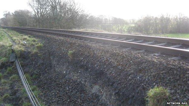 Landslip by railway track at Crewkerne, Somerset