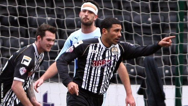 Hayden Mullins celebrate's Notts County's opening goal against Coventry