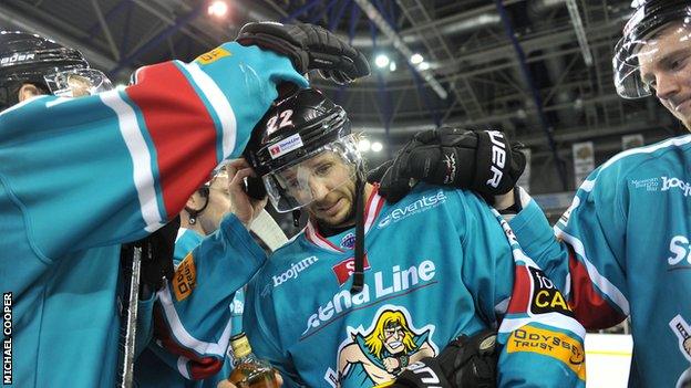 Man of the match Kevin Saurette of the Belfast Giants celebrates after the 6-4 win over the Fife Flyers