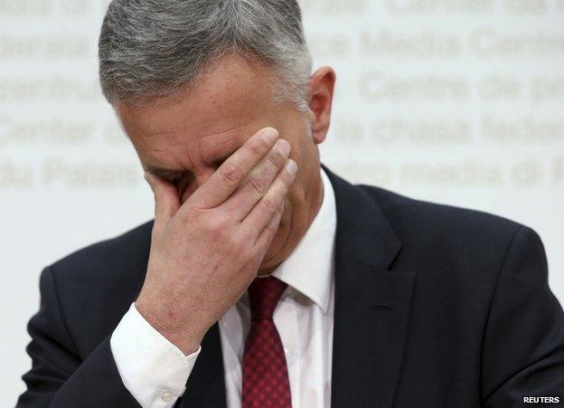 Swiss President and Foreign Minister Didier Burkhalter reacts during a news conference on the results of the referendum on reintroducing immigration quotas, in Bern, 9 February