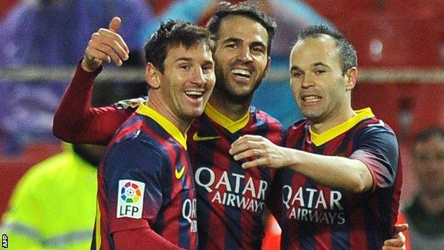 Lionel Messi, Cesc Fabregas and Andres Iniesta