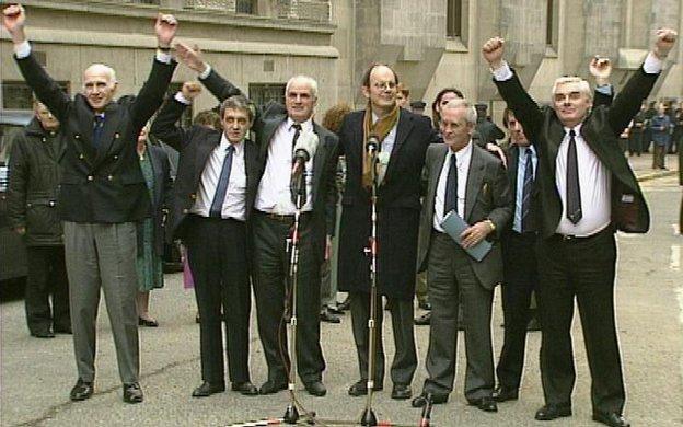 The Birmingham Six celebrate their release outside the Old Bailey