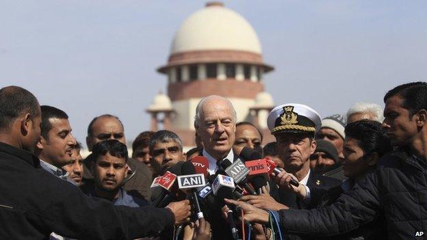 Italian envoy Staffan de Mistura after court hearing at Supreme Court, in New Delhi (10 Feb 2014)
