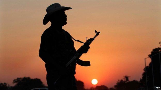 An armed man from a "self-defence group" poses with his weapon at the entrance of Apatzingan in Michoacan state on 9 February, 2014