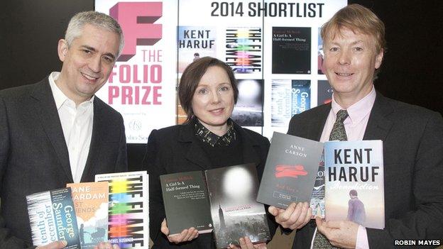 Folio Prize founder Andrew Kidd, chair of judges Lavinia Greenlaw and Folio Society MD Toby Hartwell