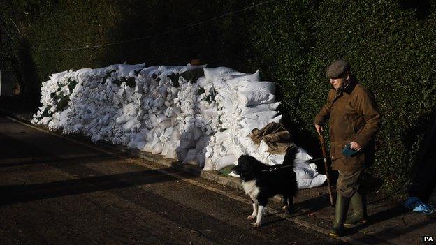 Sandbags stacked up in Burrowbridge, Somerset