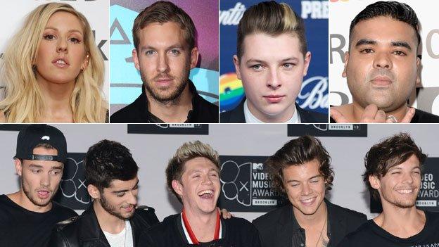 Clockwise from top left: Ellie Goulding, Calvin Harris, John Newman, Naughty Boy, One Direction