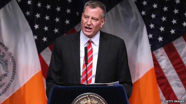 New York City Mayor Bill de Blasio gives the State of the City address at La Guardia Community College on 10 February 2014