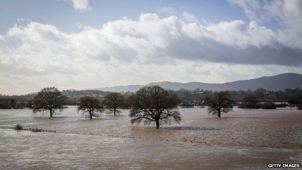 Flooded fields west of the River Severn in Worcester