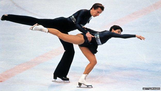 Irina Rodnina and Alexander Zaitsev from the Soviet Union perform their programme during the pairs figure skating's competition in February 1980 in Lake Placid at the Winter Olympic Games