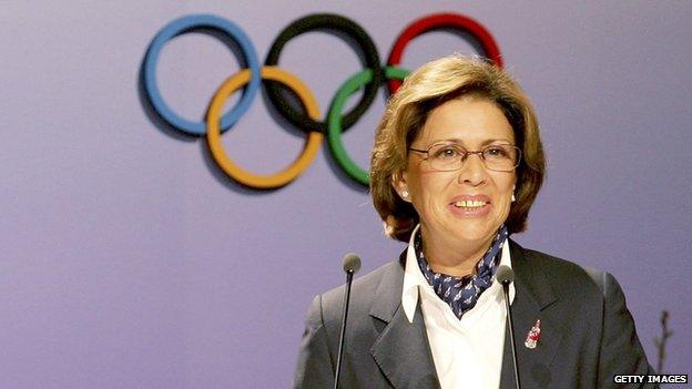 Former Olympic skating champion Irina Rodnina addresses the members during the Moscow 2012 presentation at the Raffle City Convention Centre in July 2005 in Singapore