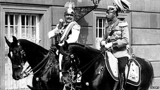 Germany's Wilhelm II and Britain's King George V horse riding in Berlin