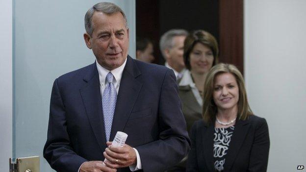 House Speaker John Boehner of Ohio, left, followed by Representative Lynn Jenkins and Representative Cathy McMorris Rodgers, and House Majority Whip Kevin McCarthy 4 February 2014