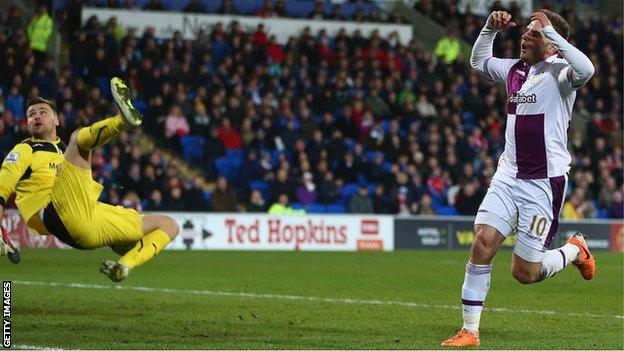 Aston Villa's Andreas Weimann holds his head as David Mrshall pulls off a great save in the last minute of their 0-0 draw in the Premier League