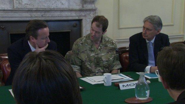 David Cameron, Maj Gen Patrick Sanders, and Defence Secretary Philip Hammond