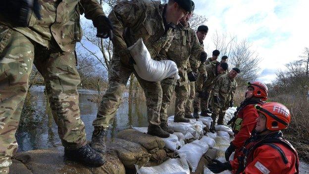 Soldiers piling up sandbags