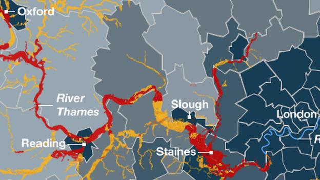 Map showing flood warnings and alerts in place along the river Thames