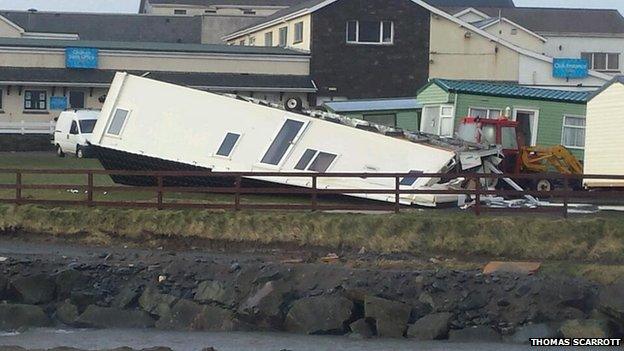 A caravan was blown over by the strong winds in Aberystwyth