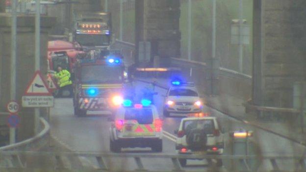 The Britannia Bridge was closed after a lorry overturned