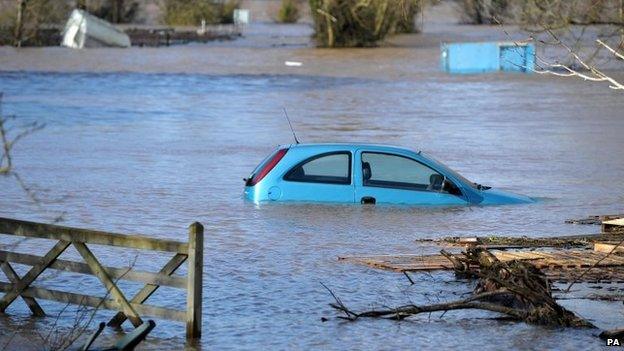 A car in the floodwater at Burrowbridge, Somerset