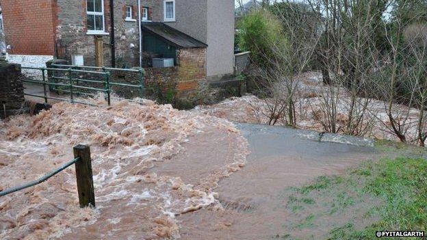 Wind and rain caused flooding in Talgarth, Powys