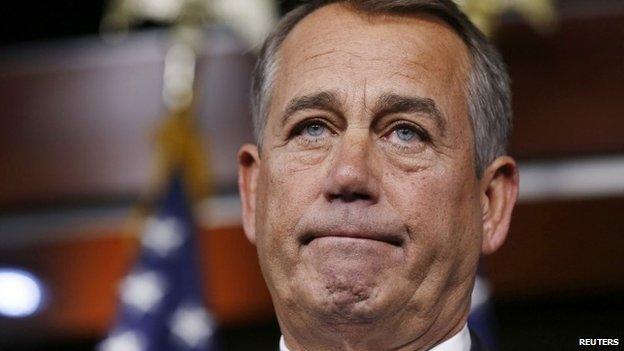 Speaker of the House John Boehner listens to a question during his weekly news conference on Capitol Hill in Washington, 6 February 2014