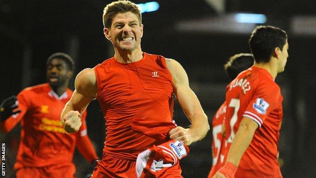 Liverpool captain Steven Gerrard celebrates his winner against Fulham