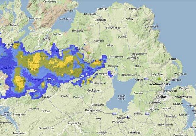 A radar image of the snow and wintry showers affecting NI on Thursday morning