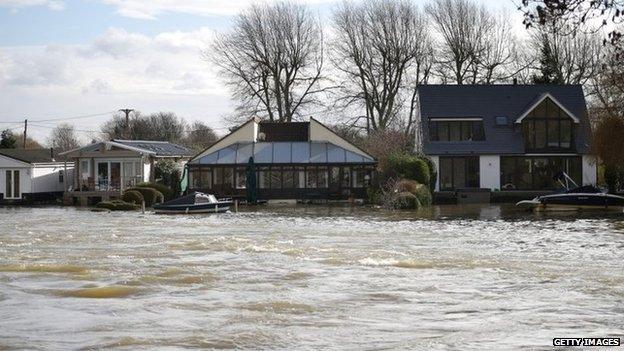 High water levels in the river Thames threaten housing near Penton Hook Weir