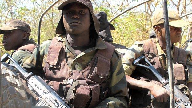 Cameroonian soldiers patrol on December 15, 2012 during a field trip organized for the press at Bouba N'Djidda National Park in northern Cameroon