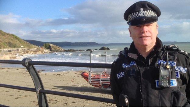 Sergeant Michael Howe overlooking beach at Looe, Cornwall, 11 february 2014