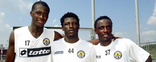 Yaya Toure pictured with fellow Ivorians Arsene Ne and Igor Lolo, who also made the move from Beveren to Metalurh Donetsk