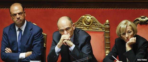 Angelino Alfano (L), Enrico Letta and Emma Bonino