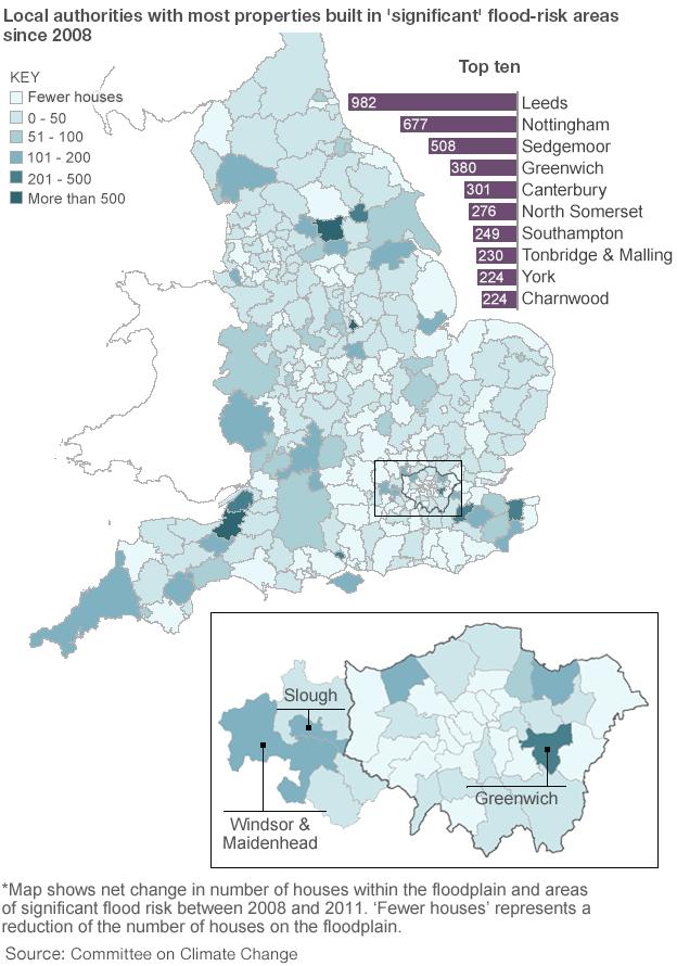 Map showing where properties have been built in flood-risk areas